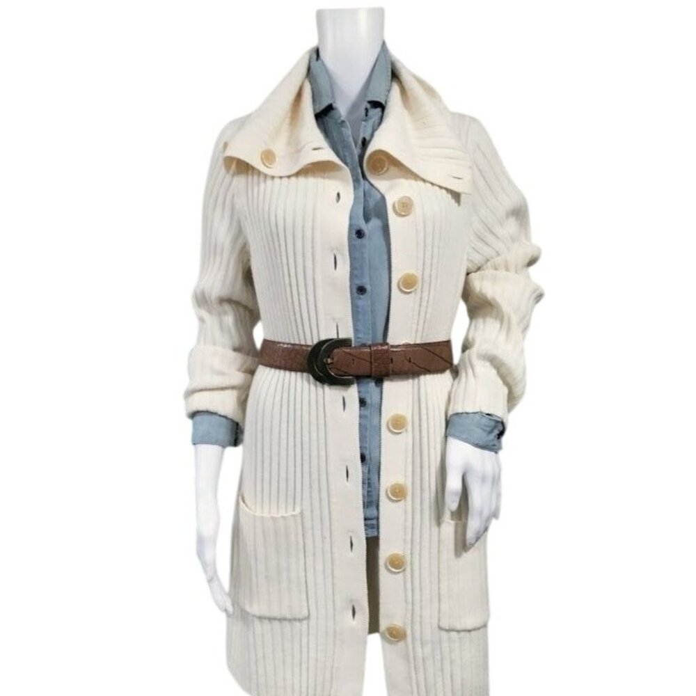 Banana Republic Italian Wool Cardigan L Ribbed Lagenlook Woolblend Preppy - Picture 2 of 11